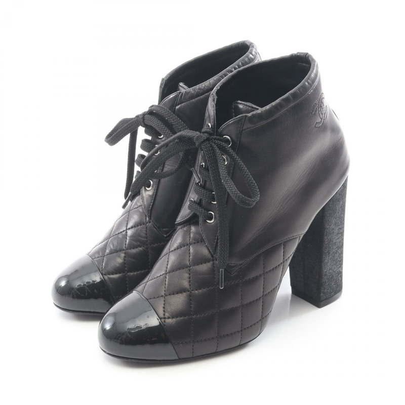 香奈兒 COCO 標誌菱格紋短靴 G28710 #36 1/2 黑色皮革二手 CC-0