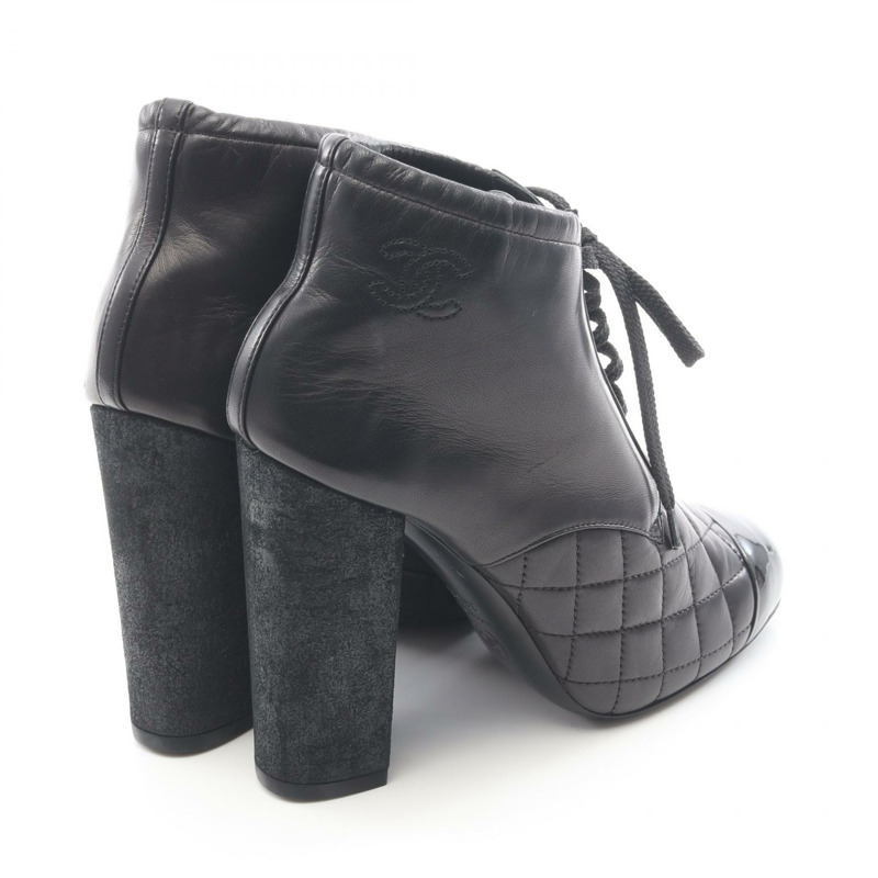 香奈兒 COCO 標誌菱格紋短靴 G28710 #36 1/2 黑色皮革二手 CC-1