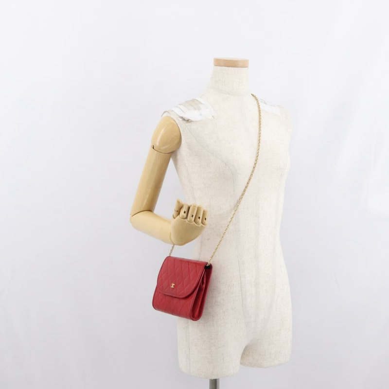 【日本直送】香奈兒 Matelasse 鏈條肩背包 羊皮 紅色 金色 CC Auth bs33112-20
