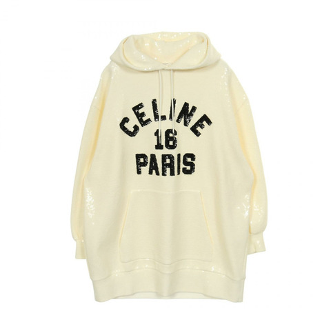 CELINE 亮片 Logo 連帽衛衣，純棉材質，白色/黑色，二手男款 XS 碼