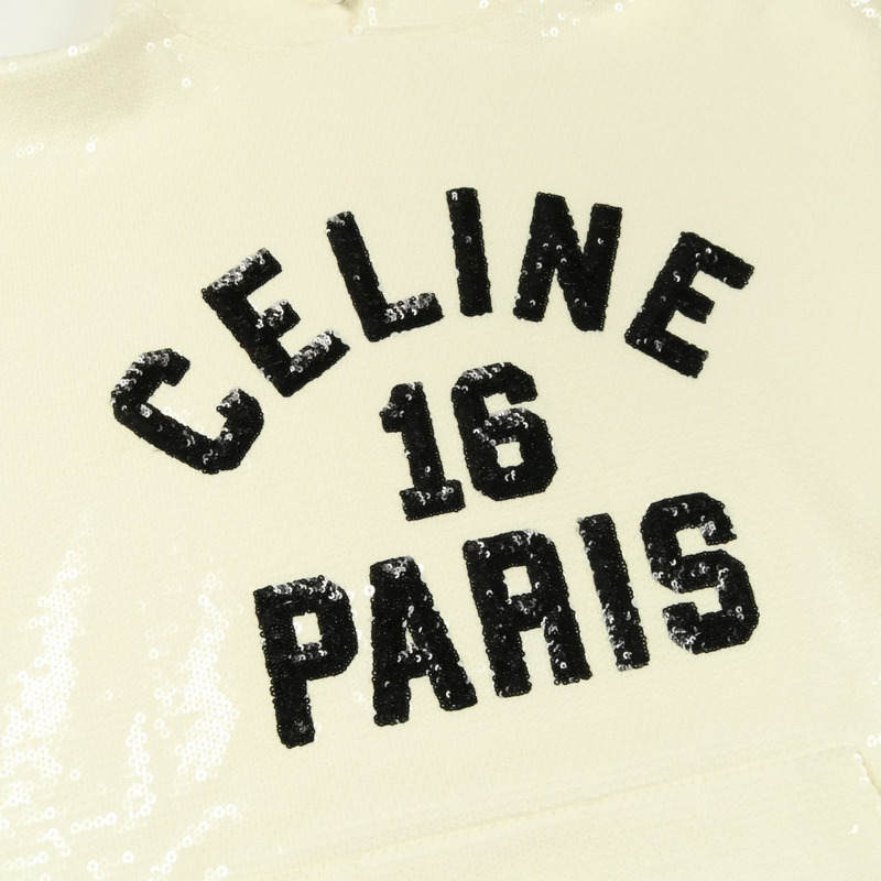 CELINE 亮片 Logo 連帽衛衣，純棉材質，白色/黑色，二手男款 XS 碼-4