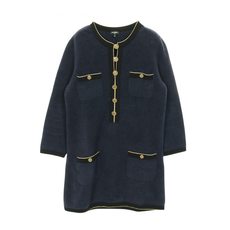 香奈兒 (CHANEL) COCO 標誌紐帶長袖連身裙 #42 棉質海軍藍/黑色二手女裝 CC-0