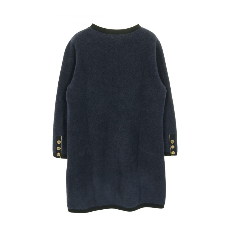 香奈兒 (CHANEL) COCO 標誌紐帶長袖連身裙 #42 棉質海軍藍/黑色二手女裝 CC-1