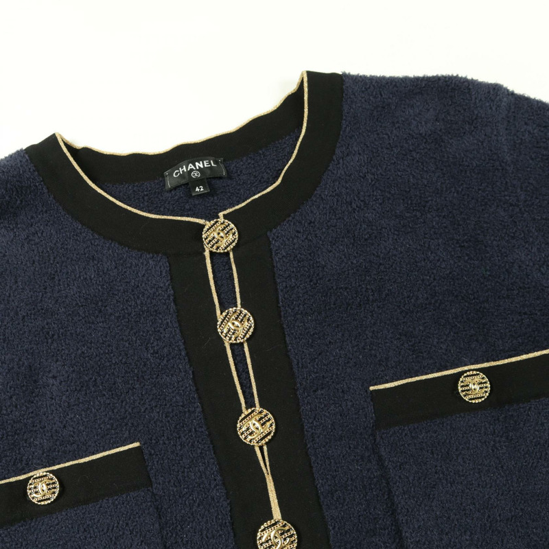 香奈兒 (CHANEL) COCO 標誌紐帶長袖連身裙 #42 棉質海軍藍/黑色二手女裝 CC-8