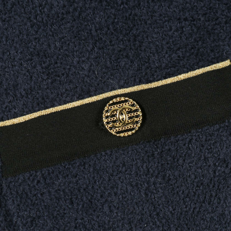 香奈兒 (CHANEL) COCO 標誌紐帶長袖連身裙 #42 棉質海軍藍/黑色二手女裝 CC-9