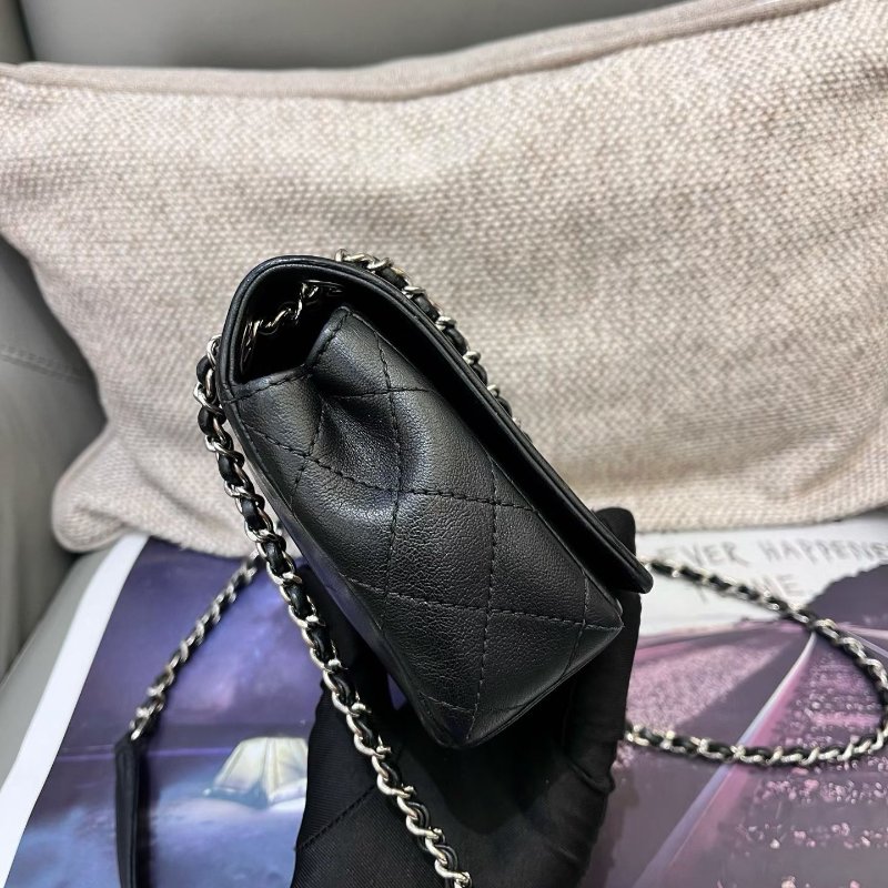 香奈兒/Chanel 黑銀羊皮菱格紋琺瑯扣cf口翻蓋鏈條包-2