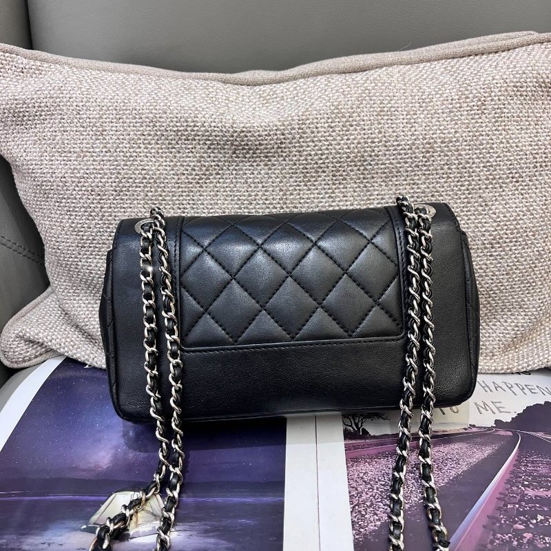 香奈兒/Chanel 黑銀羊皮菱格紋琺瑯扣cf口翻蓋鏈條包-6