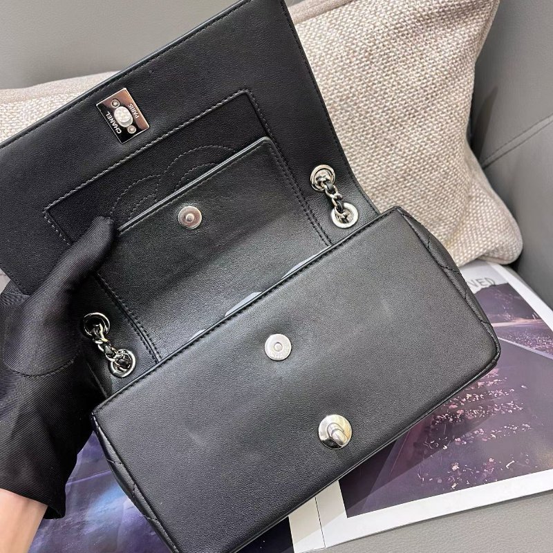 香奈兒/Chanel 黑銀羊皮菱格紋琺瑯扣cf口翻蓋鏈條包-8