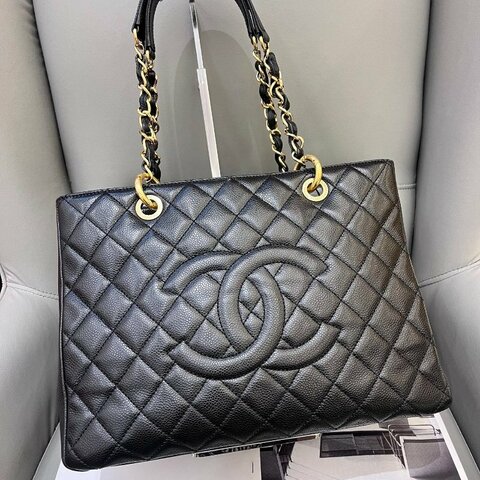 香奈兒/Chanel 黑金荔枝紋GST菱格紋托特包