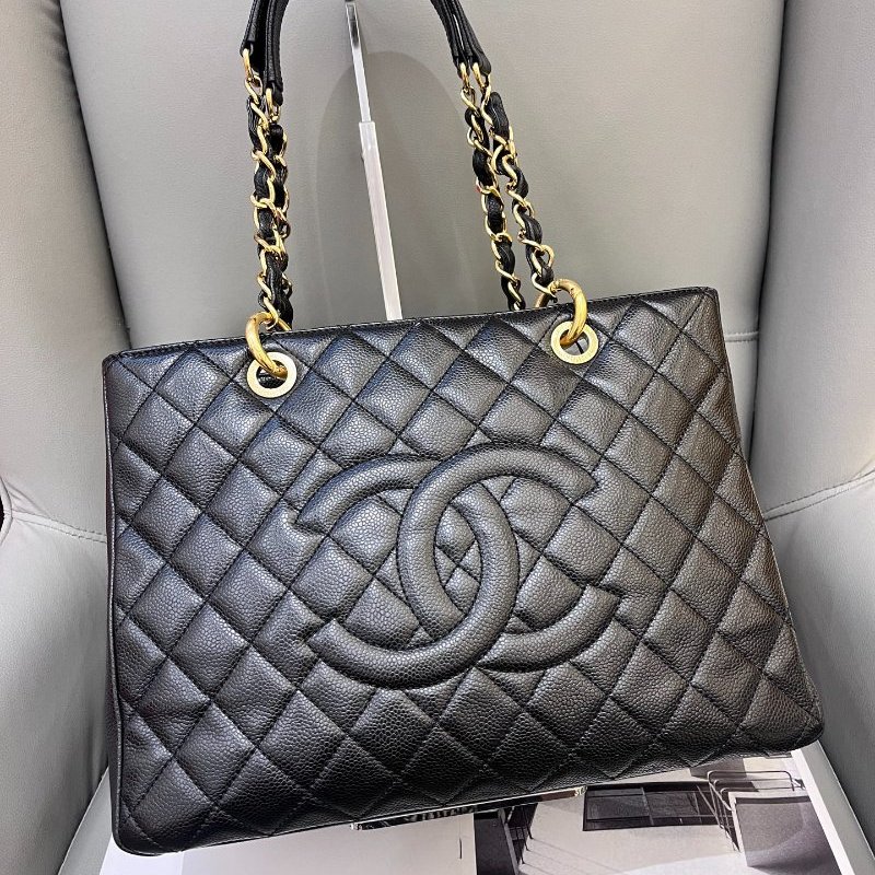 香奈兒/Chanel 黑金荔枝紋GST菱格紋托特包-5