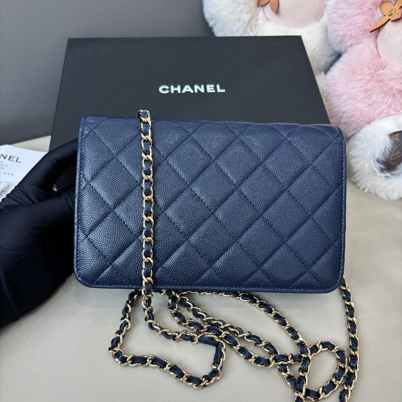 近新品 香奈兒/Chanel 深藍色鑽扣woc 荔枝紋牛皮鏈條包 芯片款-1