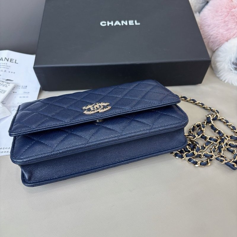 近新品 香奈兒/Chanel 深藍色鑽扣woc 荔枝紋牛皮鏈條包 芯片款-3