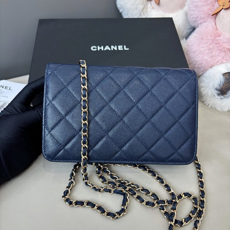 近新品 香奈兒/Chanel 深藍色鑽扣woc 荔枝紋牛皮鏈條包 芯片款-6