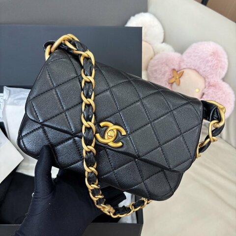 閒置新 香奈兒/Chanel 黑金羊皮菱格紋腋下包粗鏈條 芯片款