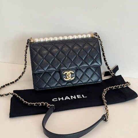 香奈兒/Chanel 經典黑金橫版Flap Bag CF 珍珠菱格紋鏈條包