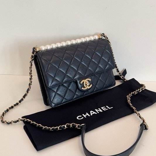 香奈兒/Chanel 經典黑金橫版Flap Bag CF 珍珠菱格紋鏈條包-2