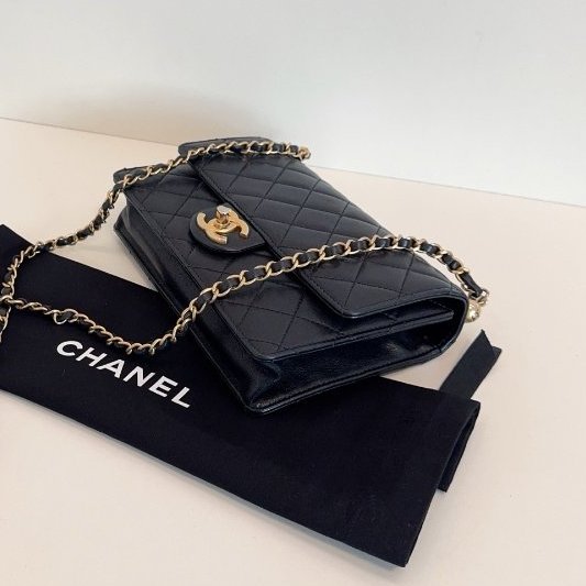 香奈兒/Chanel 經典黑金橫版Flap Bag CF 珍珠菱格紋鏈條包-3
