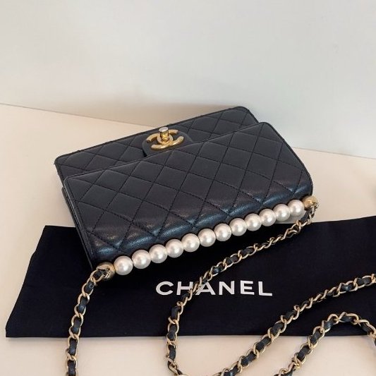 香奈兒/Chanel 經典黑金橫版Flap Bag CF 珍珠菱格紋鏈條包-4