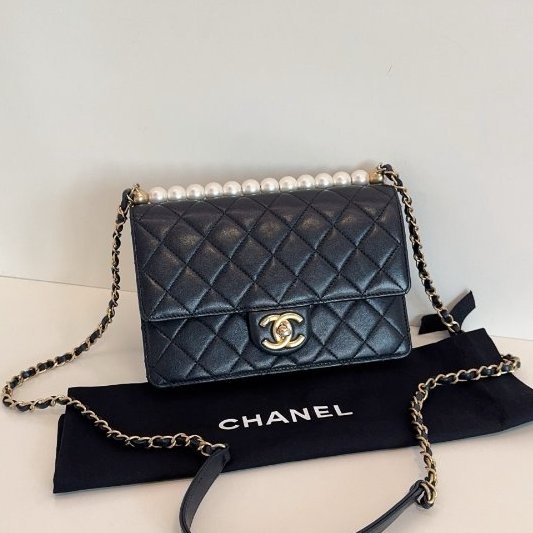 香奈兒/Chanel 經典黑金橫版Flap Bag CF 珍珠菱格紋鏈條包-5