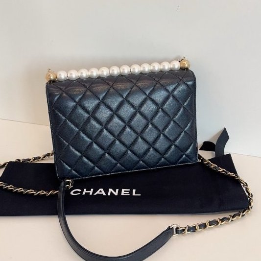 香奈兒/Chanel 經典黑金橫版Flap Bag CF 珍珠菱格紋鏈條包-6