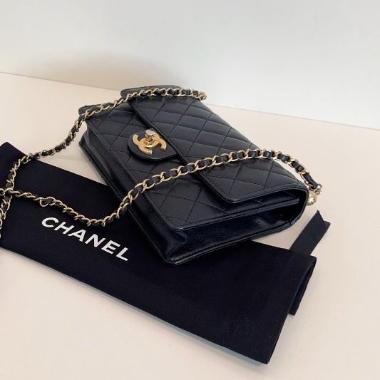 香奈兒/Chanel 經典黑金橫版Flap Bag CF 珍珠菱格紋鏈條包-7