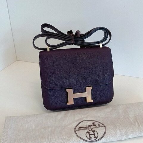 近新品 Hermes愛馬仕 Constance19 Mini 葡萄紫金扣肩背包 E皮