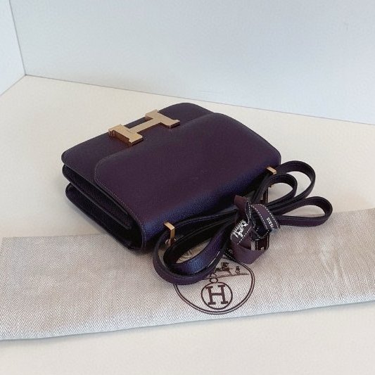 近新品 Hermes愛馬仕 Constance19 Mini 葡萄紫金扣肩背包 E皮-3