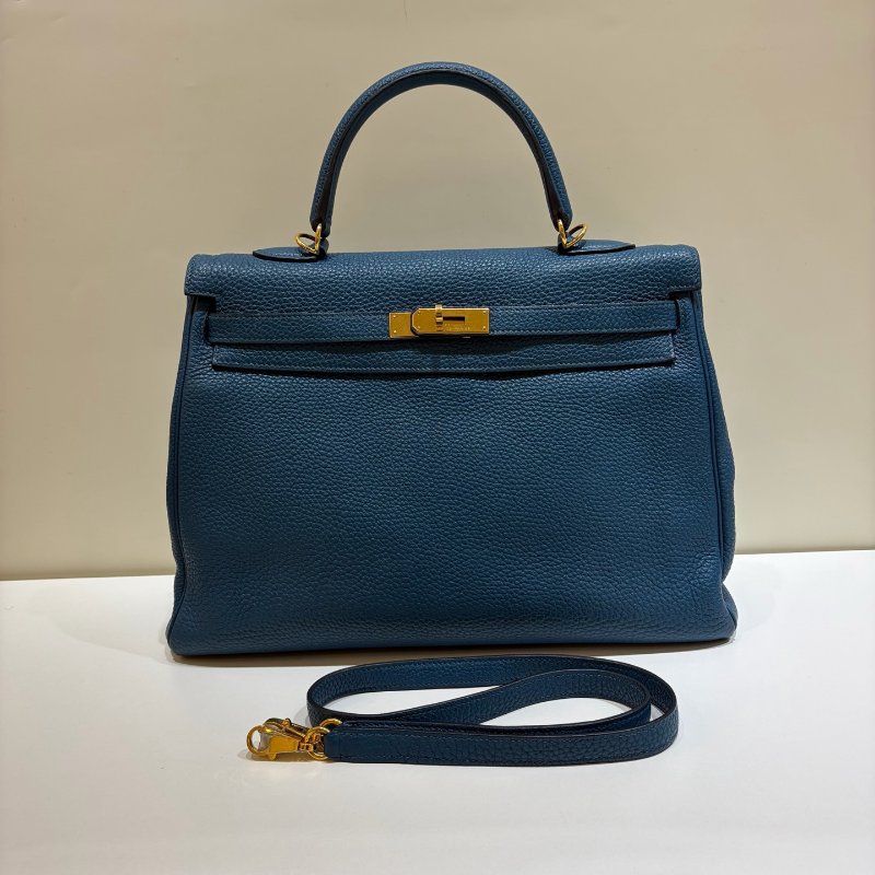 Hermes愛馬仕 Kelly35 Togo皮 普魯士藍 金扣 手提包-0