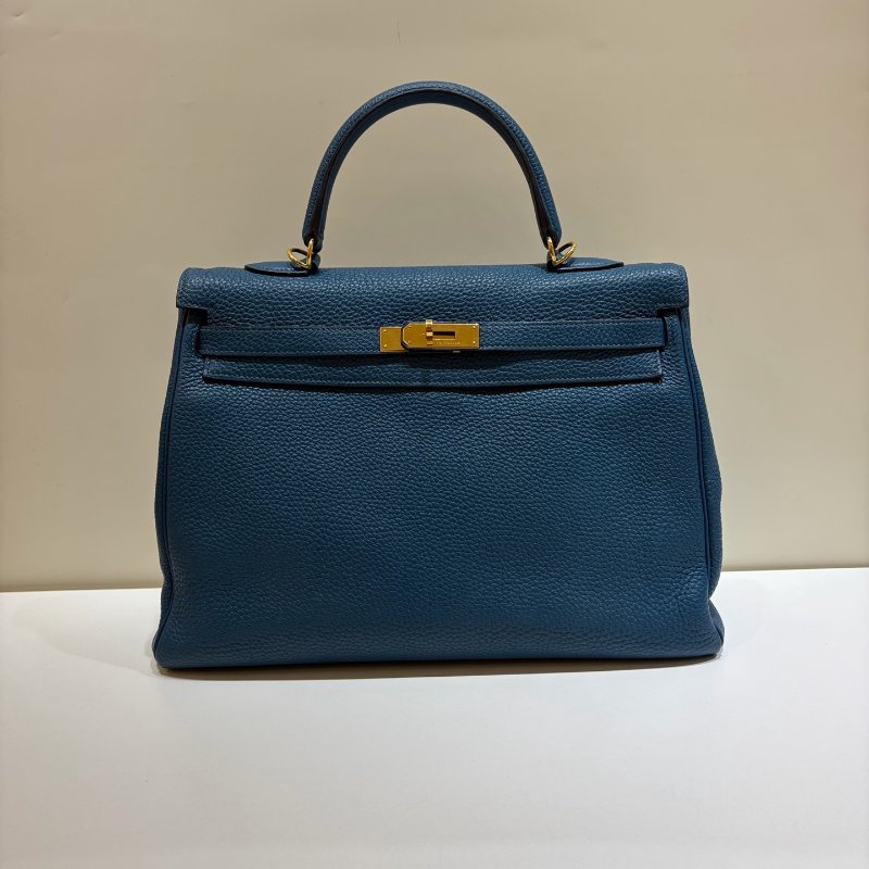 Hermes愛馬仕 Kelly35 Togo皮 普魯士藍 金扣 手提包-5
