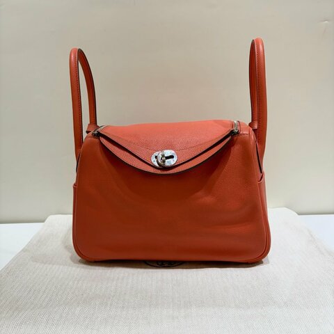 Hermes愛馬仕 Lindy26 罌粟橘 銀扣 X刻 手提肩背包