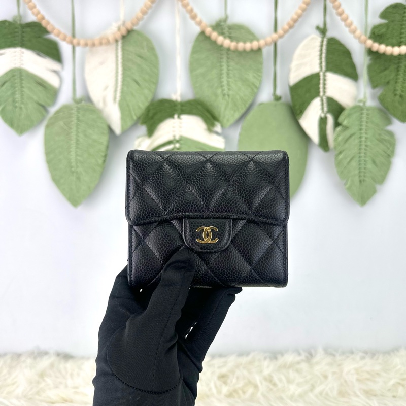 CHANEL 黑金荔皮牛皮三摺銀包 晶片款 全套有單-0