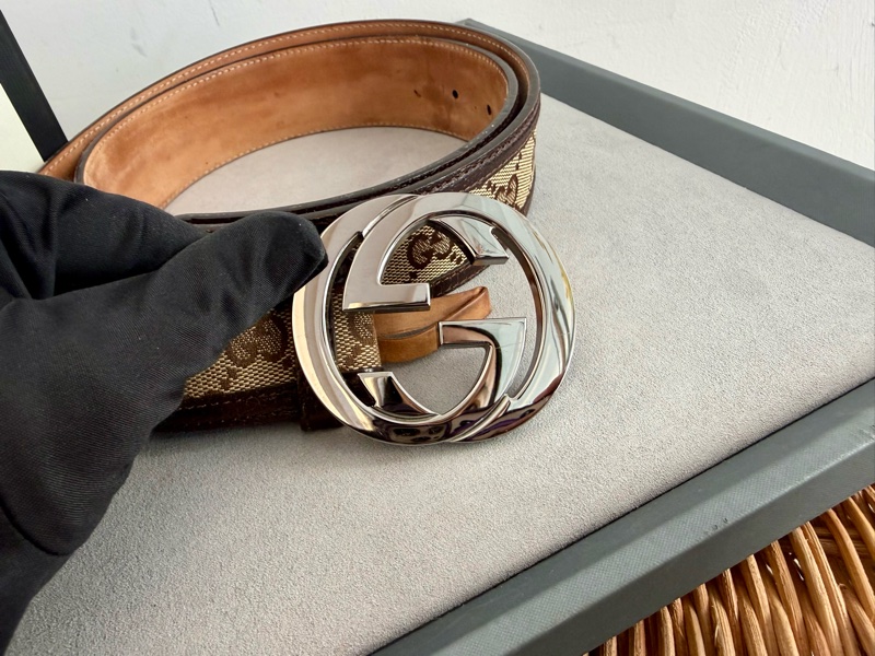 二手GUCCI咖啡色緹花滾皮邊銀色GG logo腰帶95公分114876-1