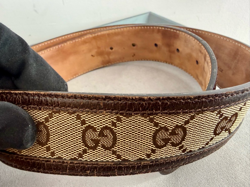二手GUCCI咖啡色緹花滾皮邊銀色GG logo腰帶95公分114876-2