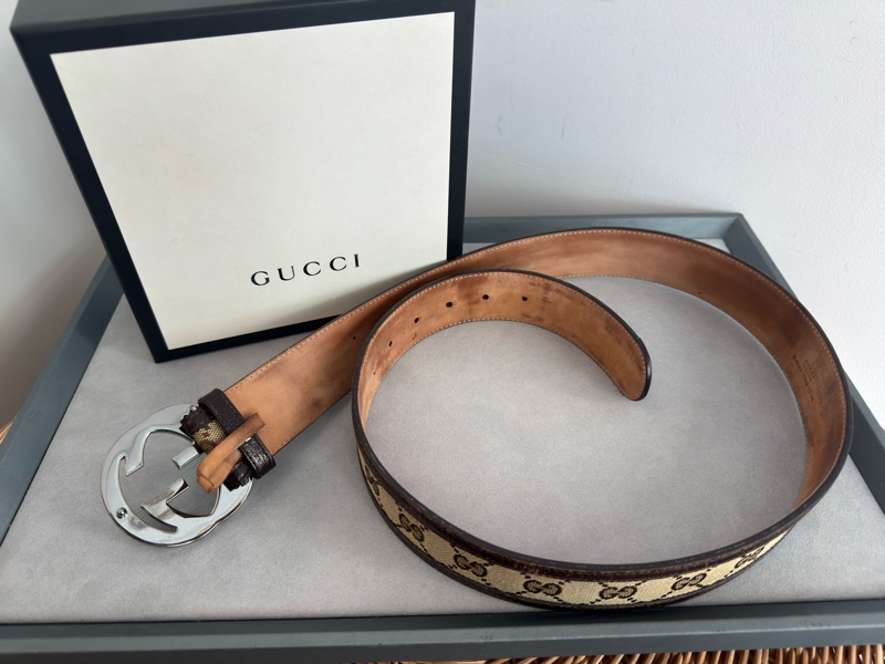 二手GUCCI咖啡色緹花滾皮邊銀色GG logo腰帶95公分114876-3