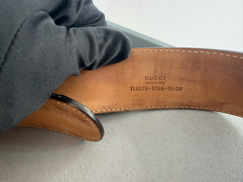 二手GUCCI咖啡色緹花滾皮邊銀色GG logo腰帶95公分114876-4