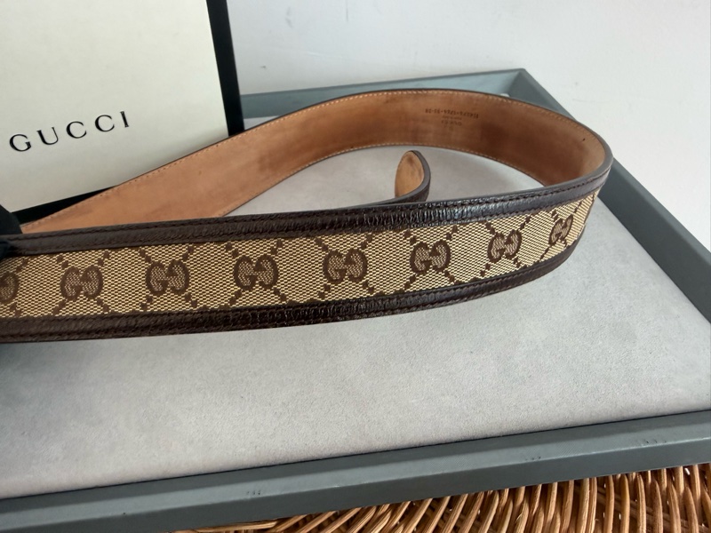 二手GUCCI咖啡色緹花滾皮邊銀色GG logo腰帶95公分114876-7