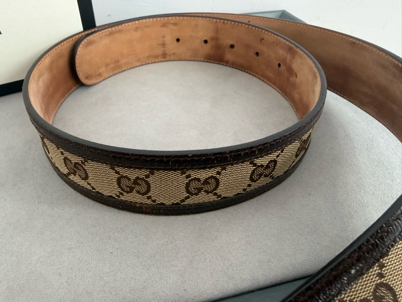 二手GUCCI咖啡色緹花滾皮邊銀色GG logo腰帶95公分114876-9