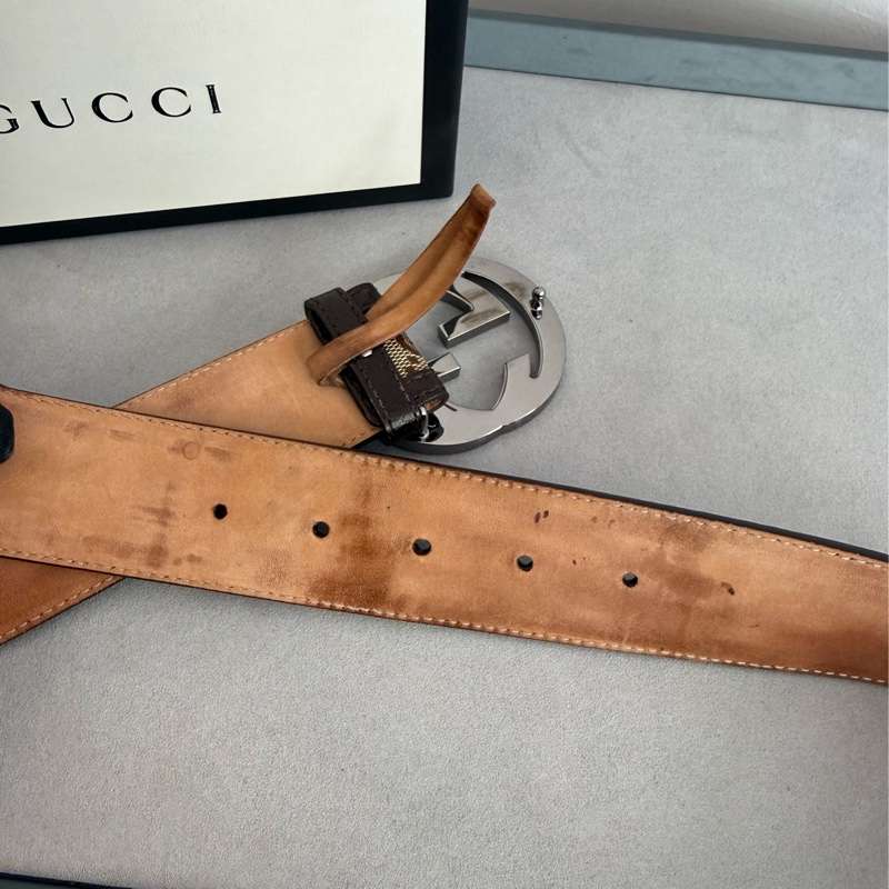 二手GUCCI咖啡色緹花滾皮邊銀色GG logo腰帶95公分114876-11