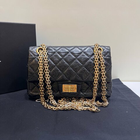 香奈兒/Chanel 黑金牛皮油蠟皮2.55迷你鏈條包
