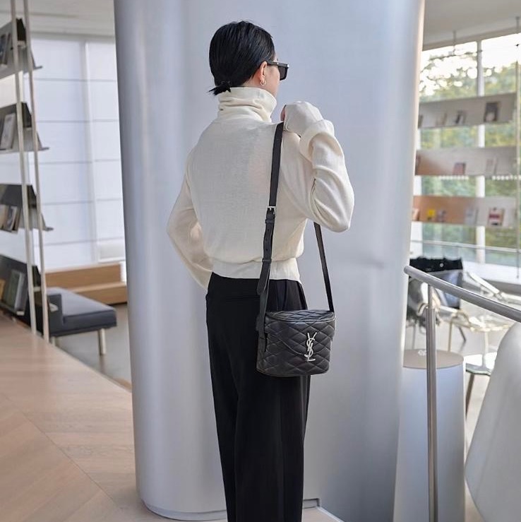 YSL JUNE BOX 黑銀羊皮盒子包 單肩斜肩包-1