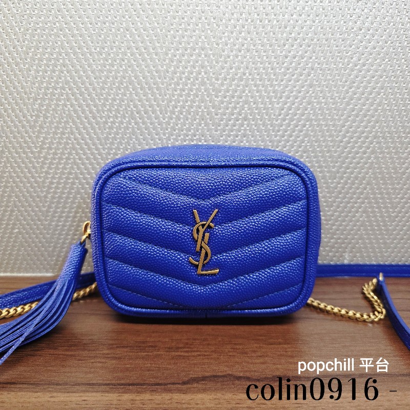 [ 過新年甜價出😍] YSL電光藍荔枝牛皮霧金釦Mini流蘇斜背包-0