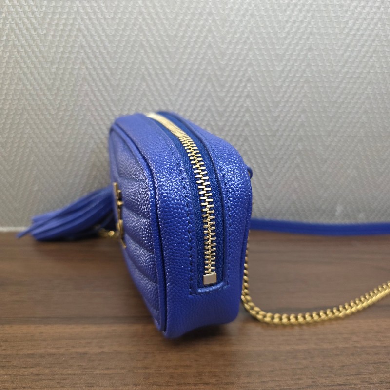 [ 過新年甜價出😍] YSL電光藍荔枝牛皮霧金釦Mini流蘇斜背包-2