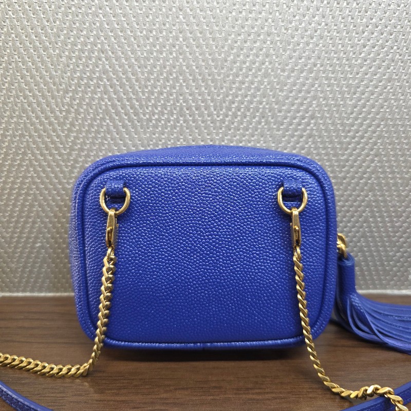 [ 過新年甜價出😍] YSL電光藍荔枝牛皮霧金釦Mini流蘇斜背包-3