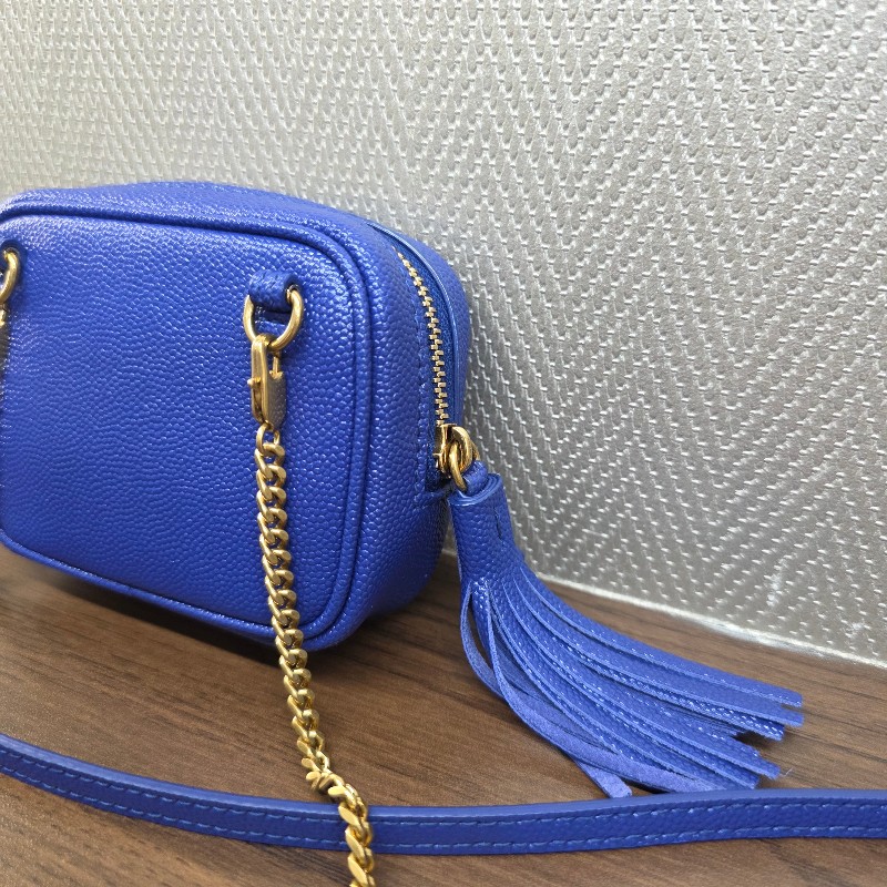 [ 過新年甜價出😍] YSL電光藍荔枝牛皮霧金釦Mini流蘇斜背包-4