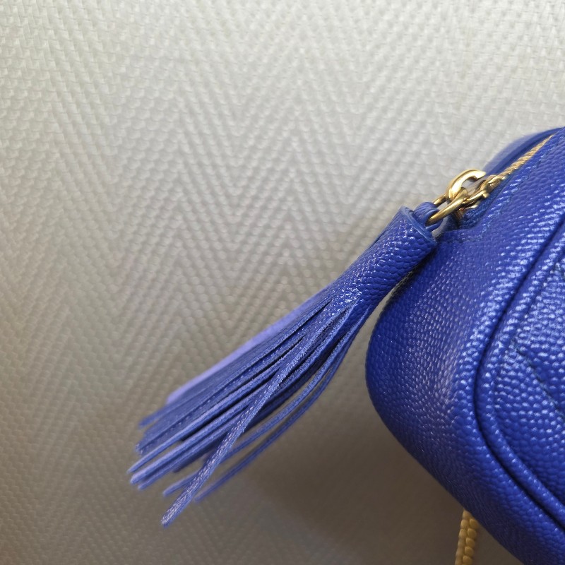 [ 過新年甜價出😍] YSL電光藍荔枝牛皮霧金釦Mini流蘇斜背包-8