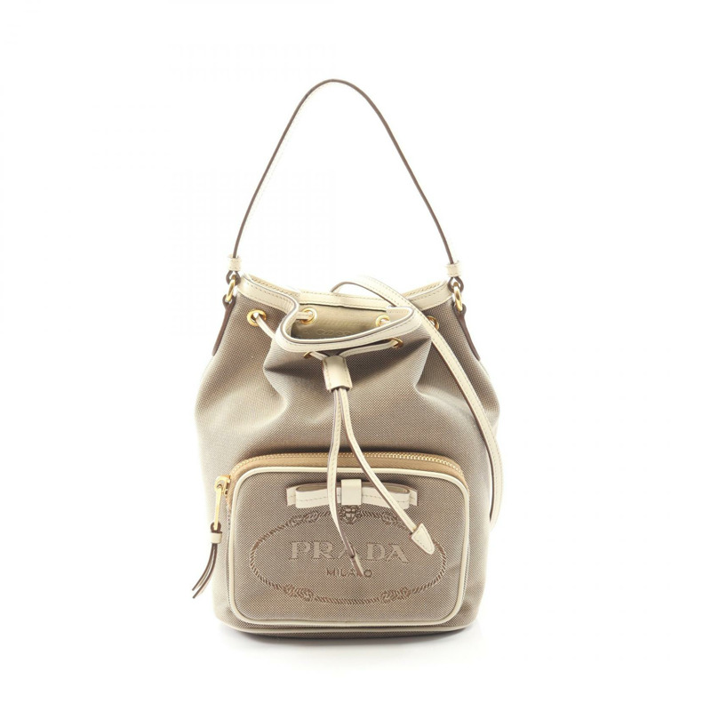 PRADA LOGO JACQUARD 手提包 帆布皮革 米色 白色 二手 女士-0