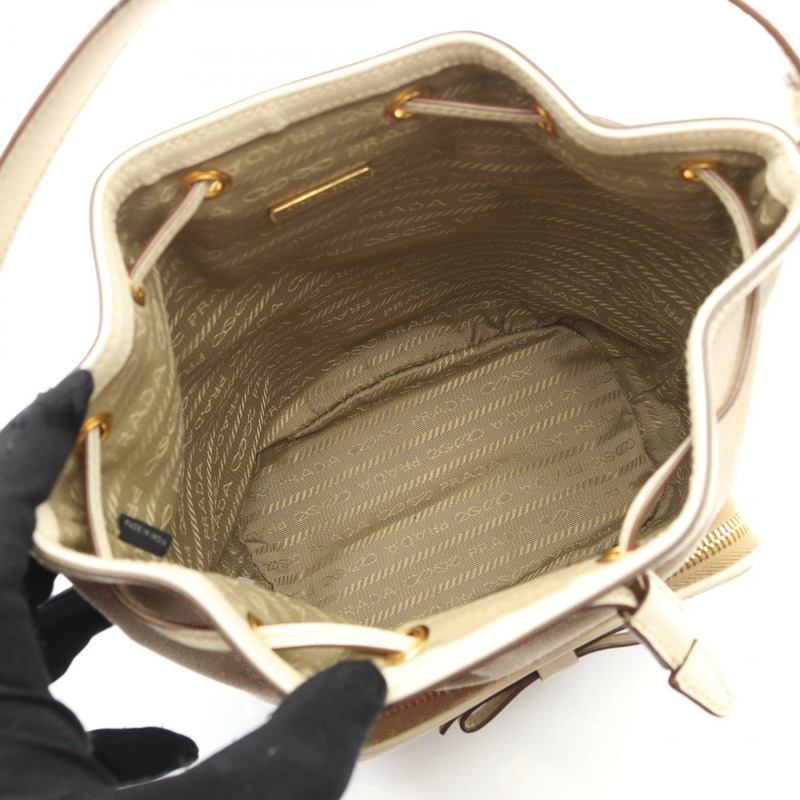 PRADA LOGO JACQUARD 手提包 帆布皮革 米色 白色 二手 女士-2