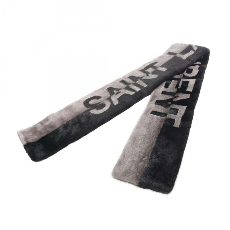 SAINT LAURENT PARIS 貂毛圍巾 黑色灰色 二手 女士-1