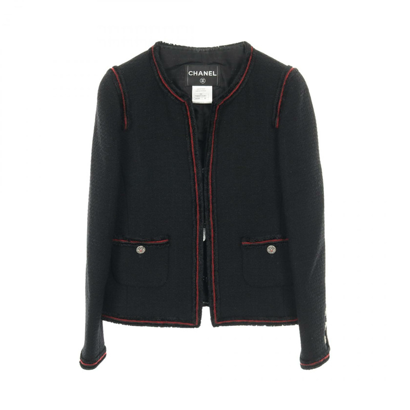 香奈兒 COCO 標誌鷹形紐扣無色外套 P36021V24261 羊毛黑紅色二手女裝-0