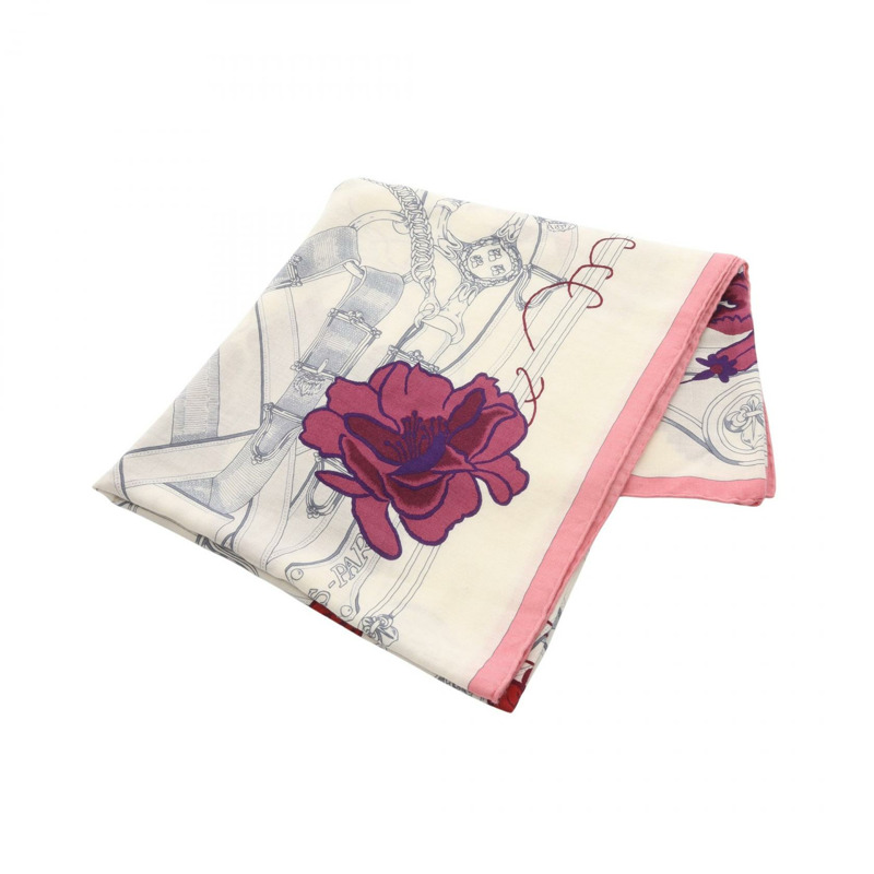 愛馬仕 Carre 140 CAVALCADOUR Fleuri 絲巾/披肩，真絲/羊絨混紡，米色/粉紅色，二手-0